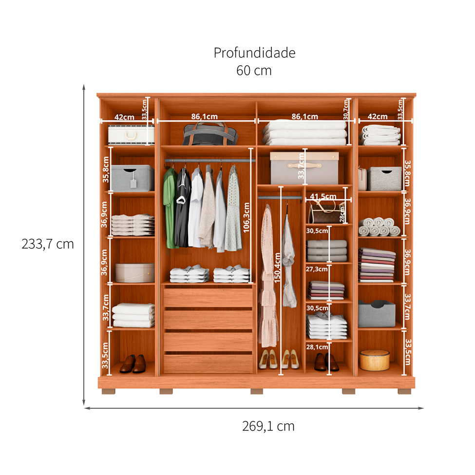 Guarda-Roupa Casal com Espelho Riva Ripado 6 Portas 4 Gavetas Freijó e Off White