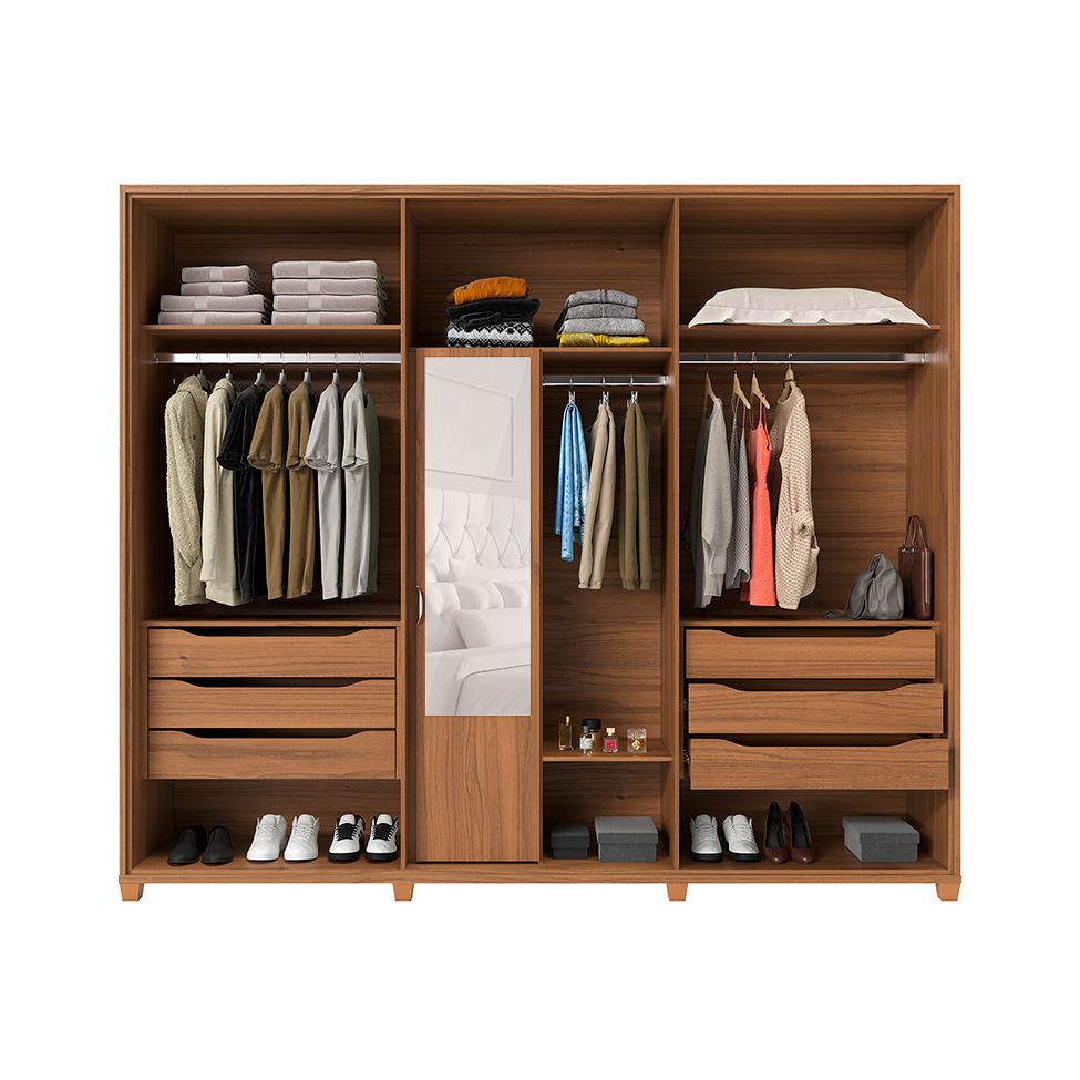 Guarda-Roupa Casal com Espelho Rockford 6 Portas 6 Gavetas Off White e Canela