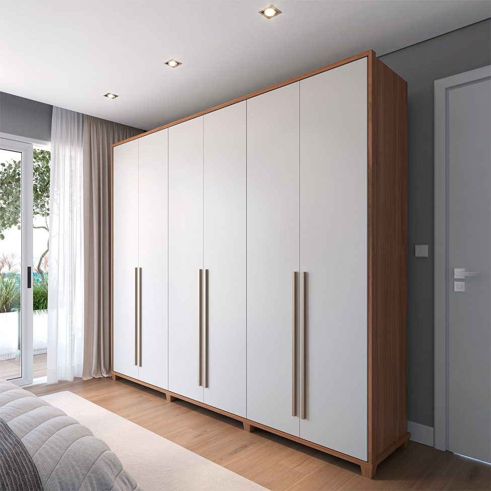 Guarda-Roupa Casal com Espelho Rockford 6 Portas 6 Gavetas Off White e Canela