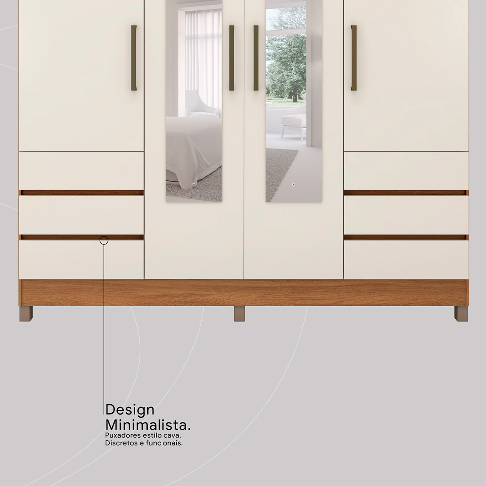 Guarda-Roupa Casal com Espelho Roma 4 Portas 6 Gavetas Amêndola e Off White