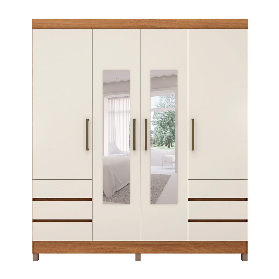 Guarda-Roupa Casal com Espelho Roma 4 Portas 6 Gavetas Amêndola e Off White