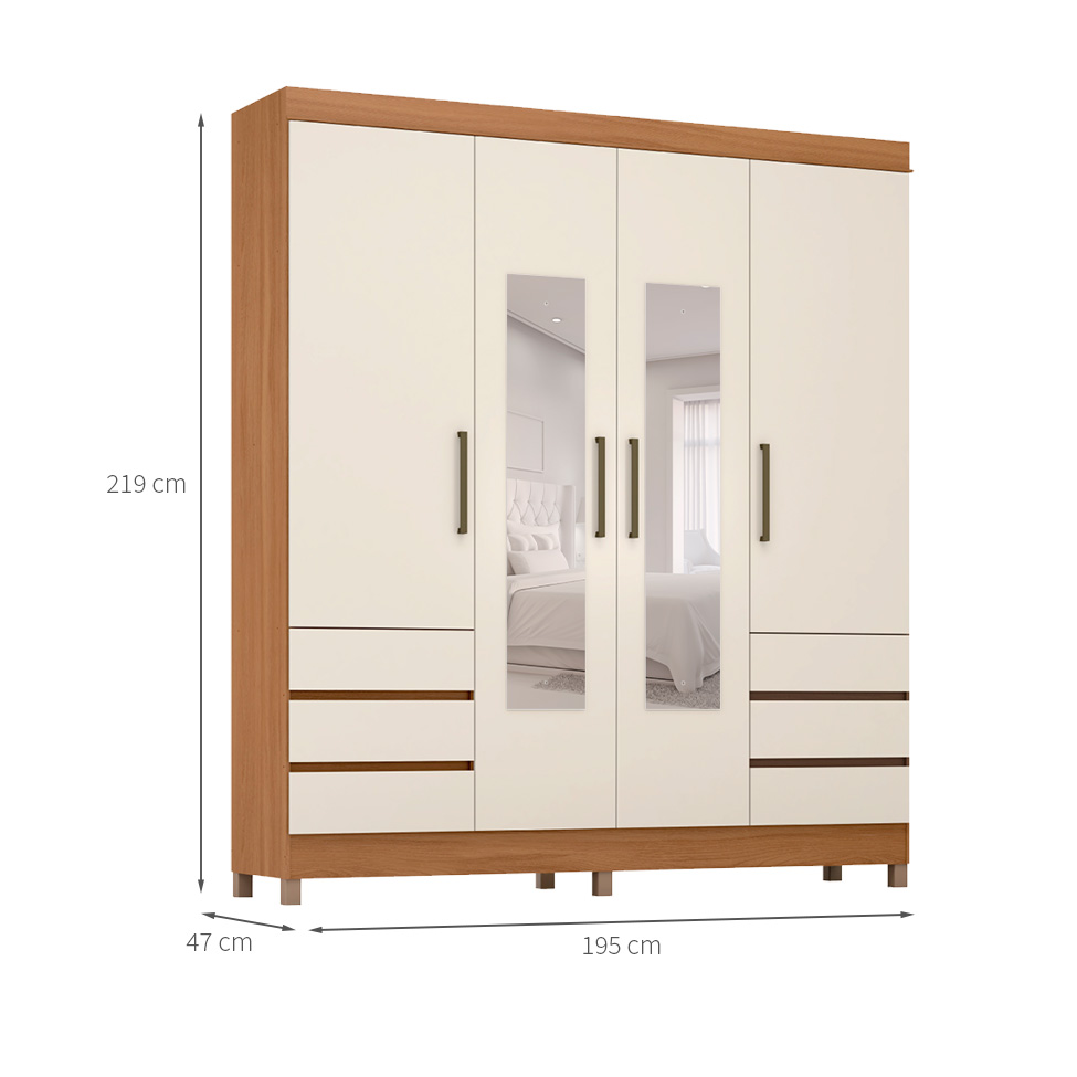 Guarda-Roupa Casal com Espelho Roma 4 Portas 6 Gavetas Amêndola e Off White