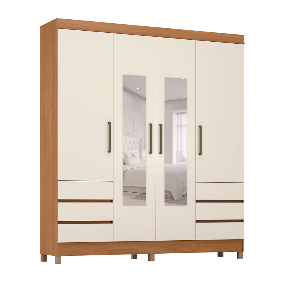 Guarda-Roupa Casal com Espelho Roma 4 Portas 6 Gavetas Amêndola e Off White