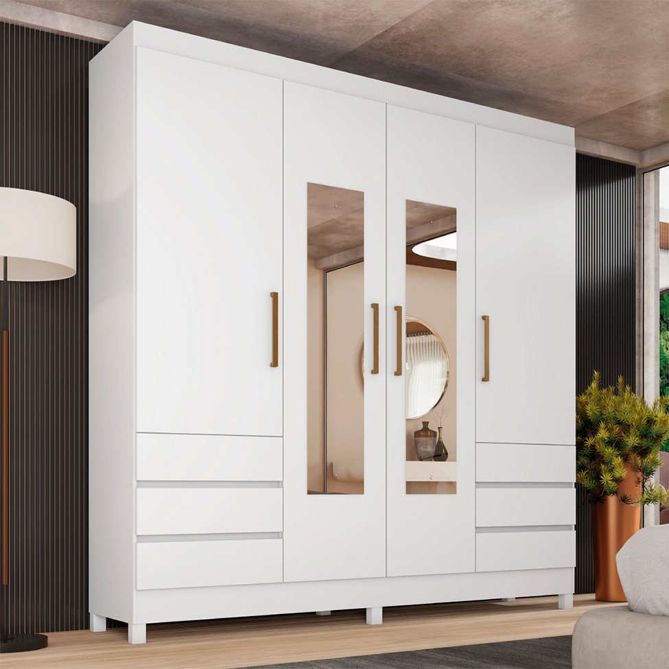 Guarda-Roupa Casal com Espelho Roma 4 Portas 6 Gavetas Branco