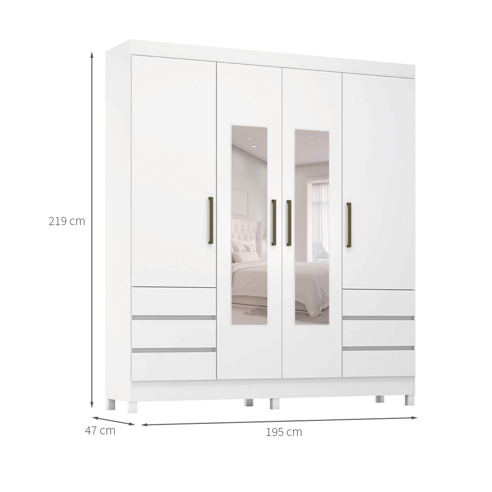 Guarda-Roupa Casal com Espelho Roma 4 Portas 6 Gavetas Branco
