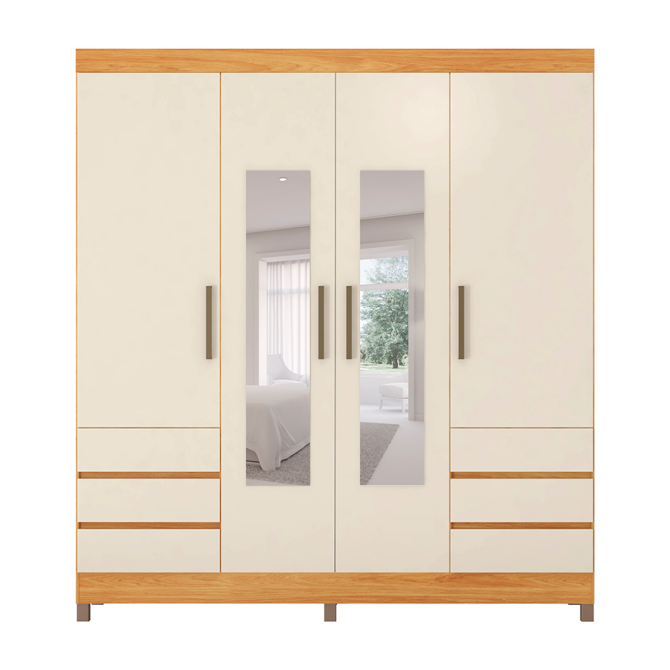 Guarda-Roupa Casal com Espelho Roma 4 Portas 6 Gavetas Cinnamon e Off White
