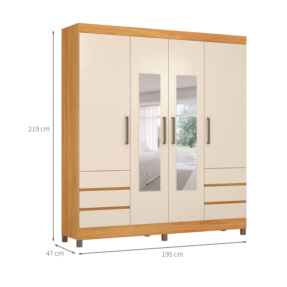Guarda-Roupa Casal com Espelho Roma 4 Portas 6 Gavetas Cinnamon e Off White