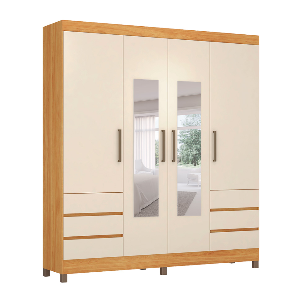 Guarda-Roupa Casal com Espelho Roma 4 Portas 6 Gavetas Cinnamon e Off White