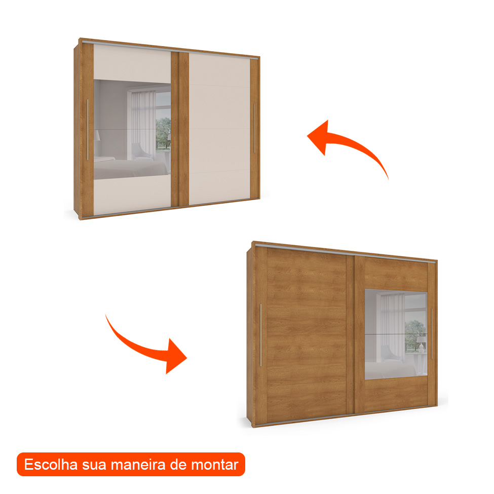 Guarda-Roupa Casal com Espelho Sevilha Flex 2 Portas 4 Gavetas  Freijó e Off White
