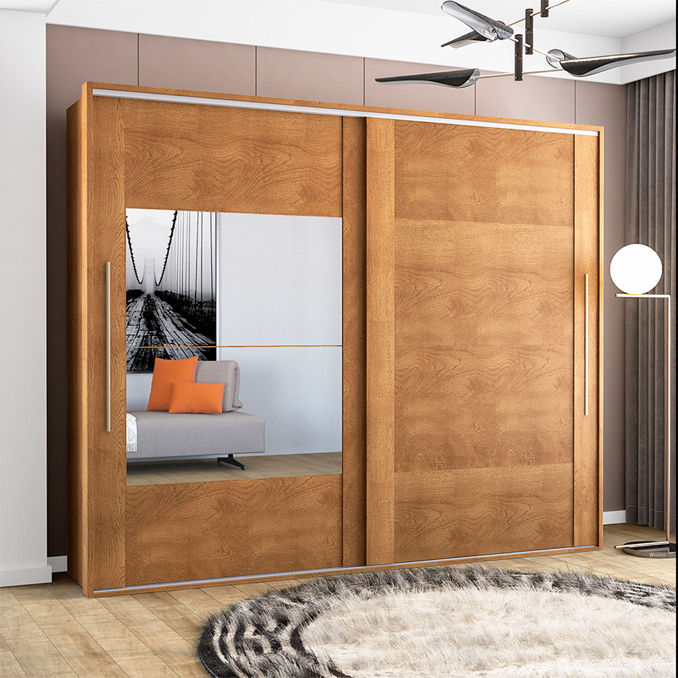 Guarda-Roupa Casal com Espelho Sevilha Flex 2 Portas 4 Gavetas  Freijó e Off White