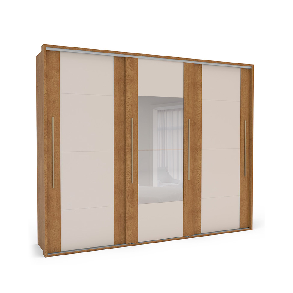 Guarda-Roupa Casal com Espelho Sevilha Flex 3 Portas 4 Gavetas Off White e Freijó