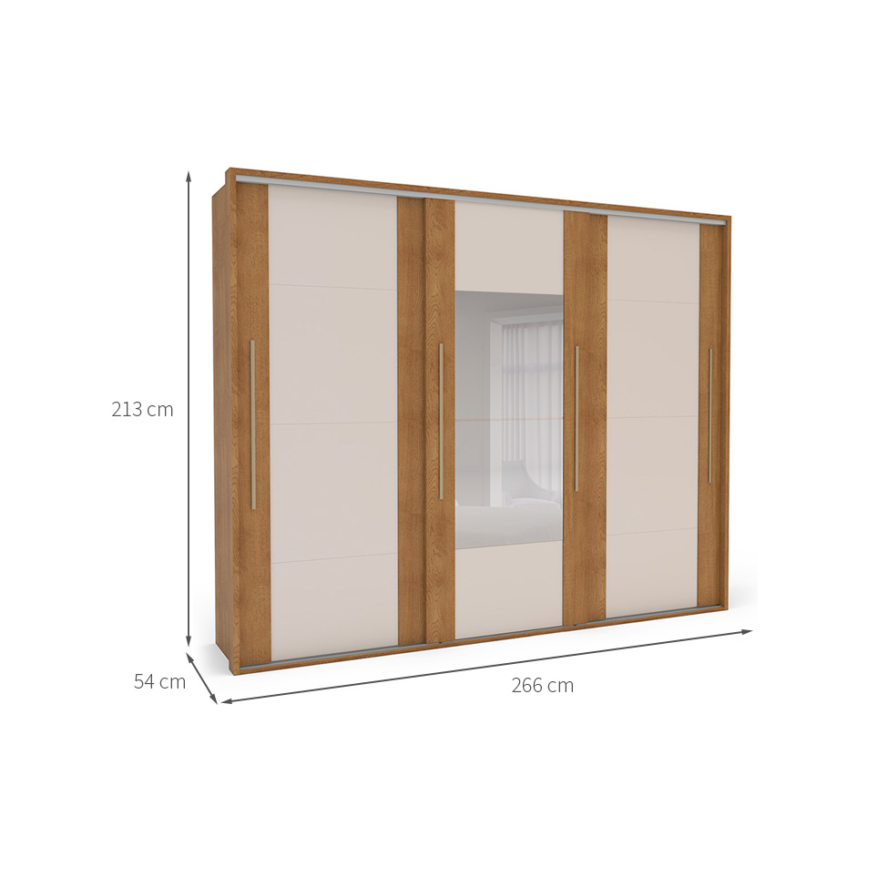 Guarda-Roupa Casal com Espelho Sevilha Flex 3 Portas 4 Gavetas Off White e Freijó