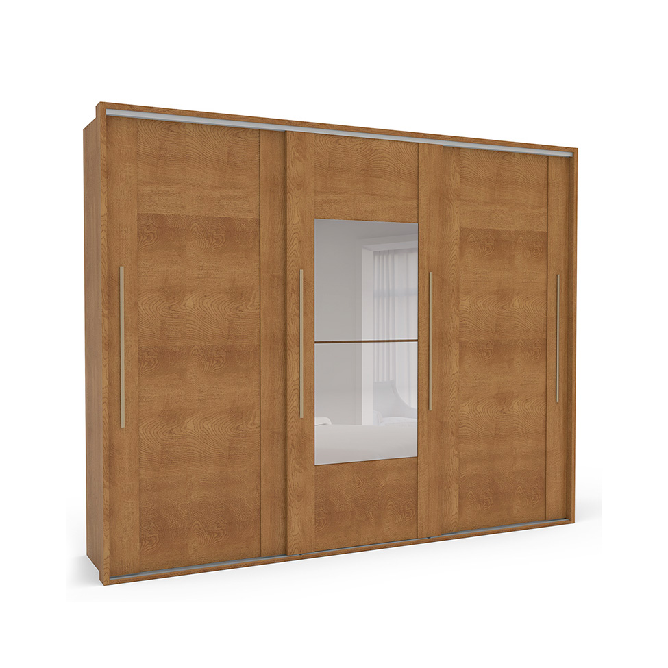 Guarda-Roupa Casal com Espelho Sevilha Flex 3 Portas 4 Gavetas Off White e Freijó