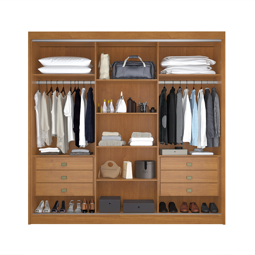 Guarda-Roupa Casal com Espelho Siena 3 Portas 6 Gavetas Cinamomo e Off White