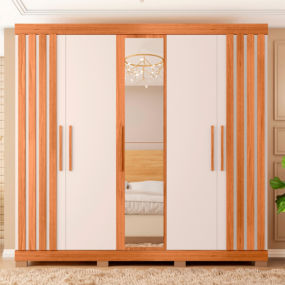 Guarda-Roupa Casal com Espelho Sophia 5 Portas 2 Gavetas Freijó e Off White