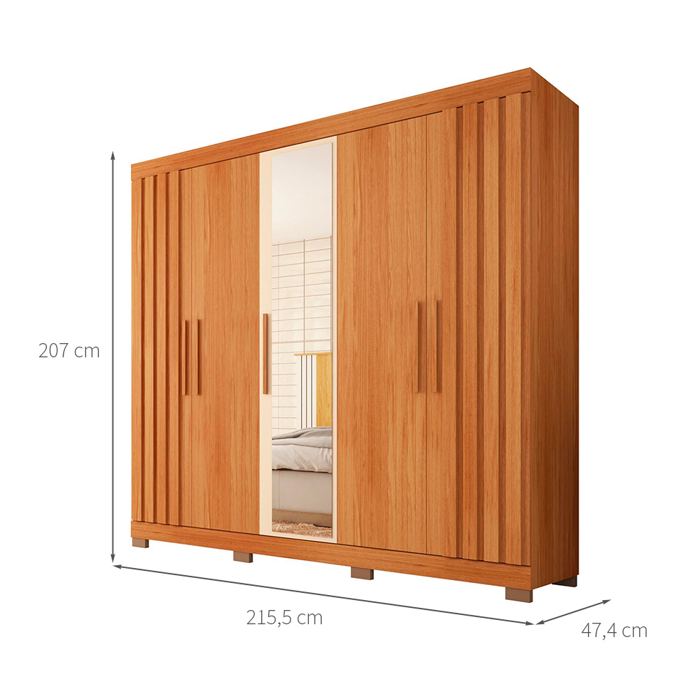 Guarda-Roupa Casal com Espelho Sophia 5 Portas 2 Gavetas Freijó e Off White