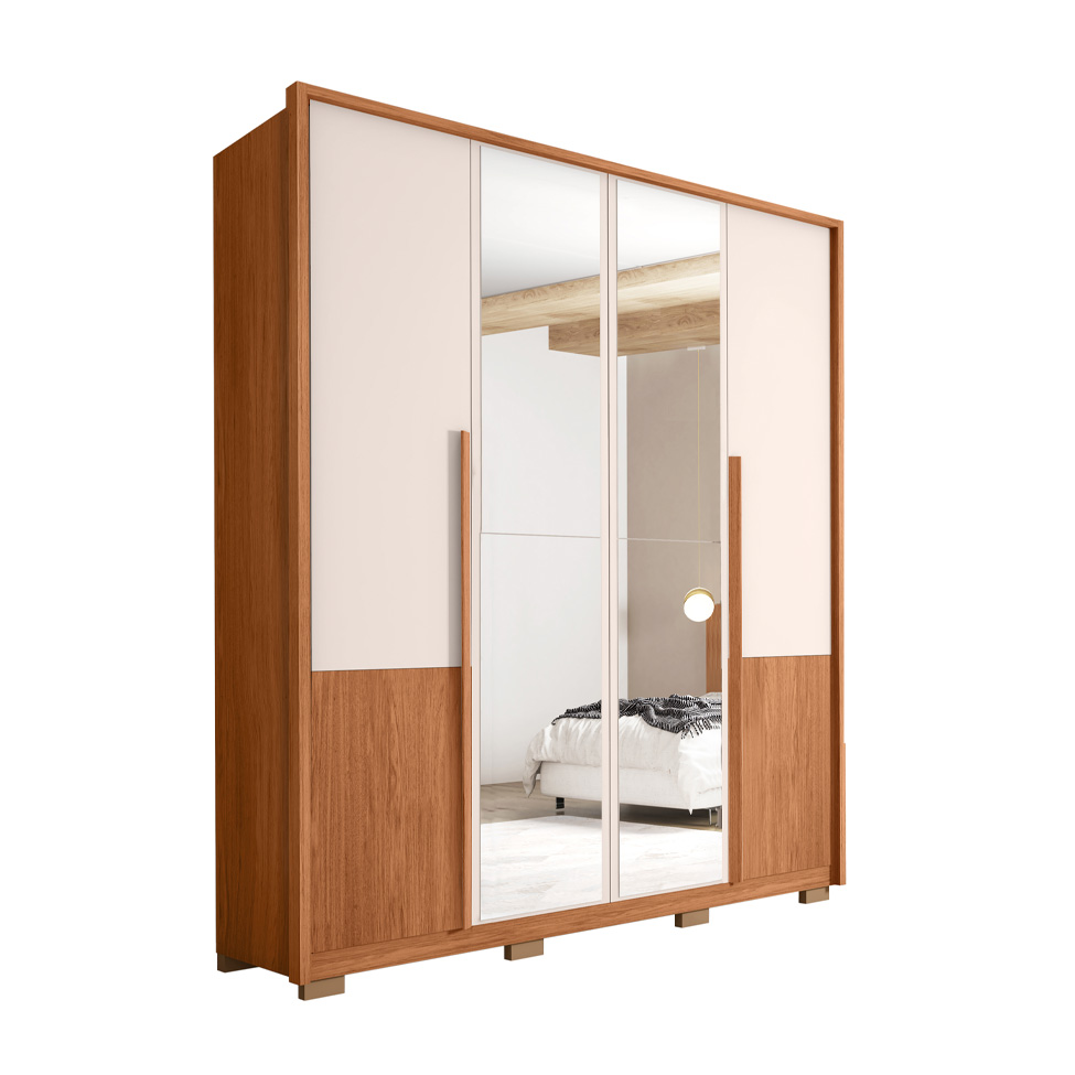 Guarda-Roupa Casal com Espelho Tango 4 Portas 3 Gavetas Off White e Freijó