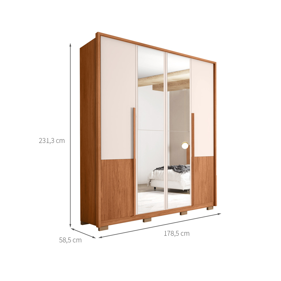 Guarda-Roupa Casal com Espelho Tango 4 Portas 3 Gavetas Off White e Freijó