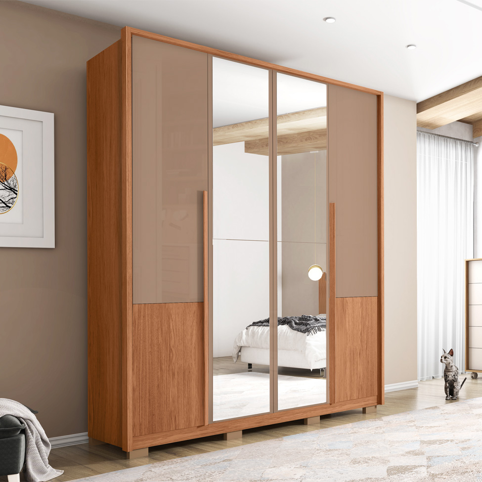 Guarda-Roupa Casal com Espelho Tango 4 Portas 3 Gavetas Suede e Freijó