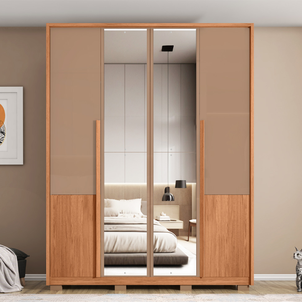 Guarda-Roupa Casal com Espelho Tango 4 Portas 3 Gavetas Suede e Freijó