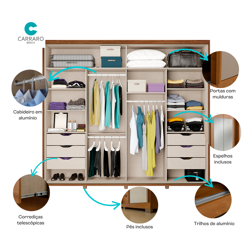 Guarda-Roupa Casal com Espelho Titan 2 Portas 6 Gavetas Freijó e Linho