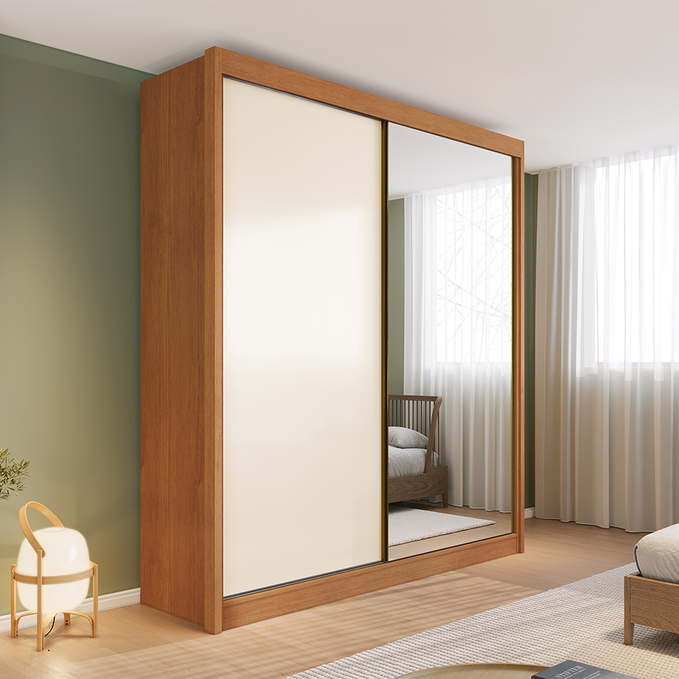 Guarda-Roupa Casal com Espelho Trento 2 Portas 4 Gavetas Cinamomo e Off White