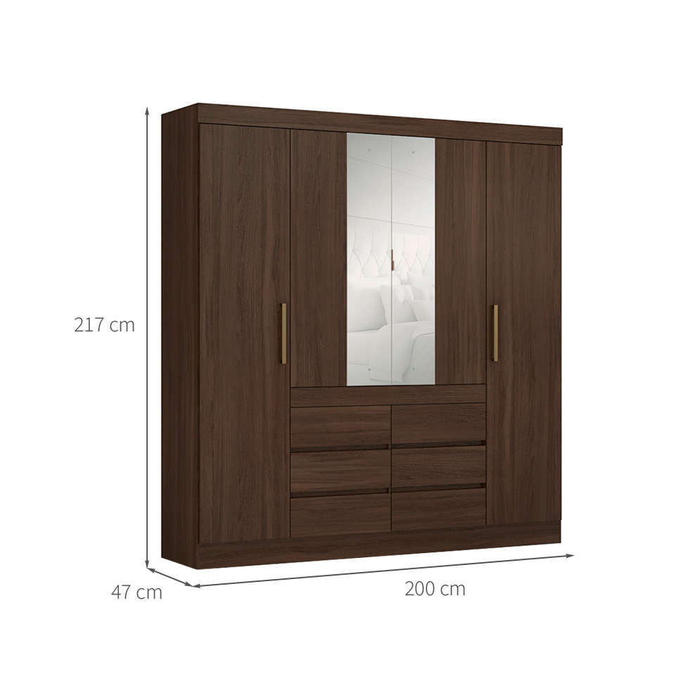 Guarda-Roupa Casal com Espelho Trevi 4 Portas 6 Gavetas Café