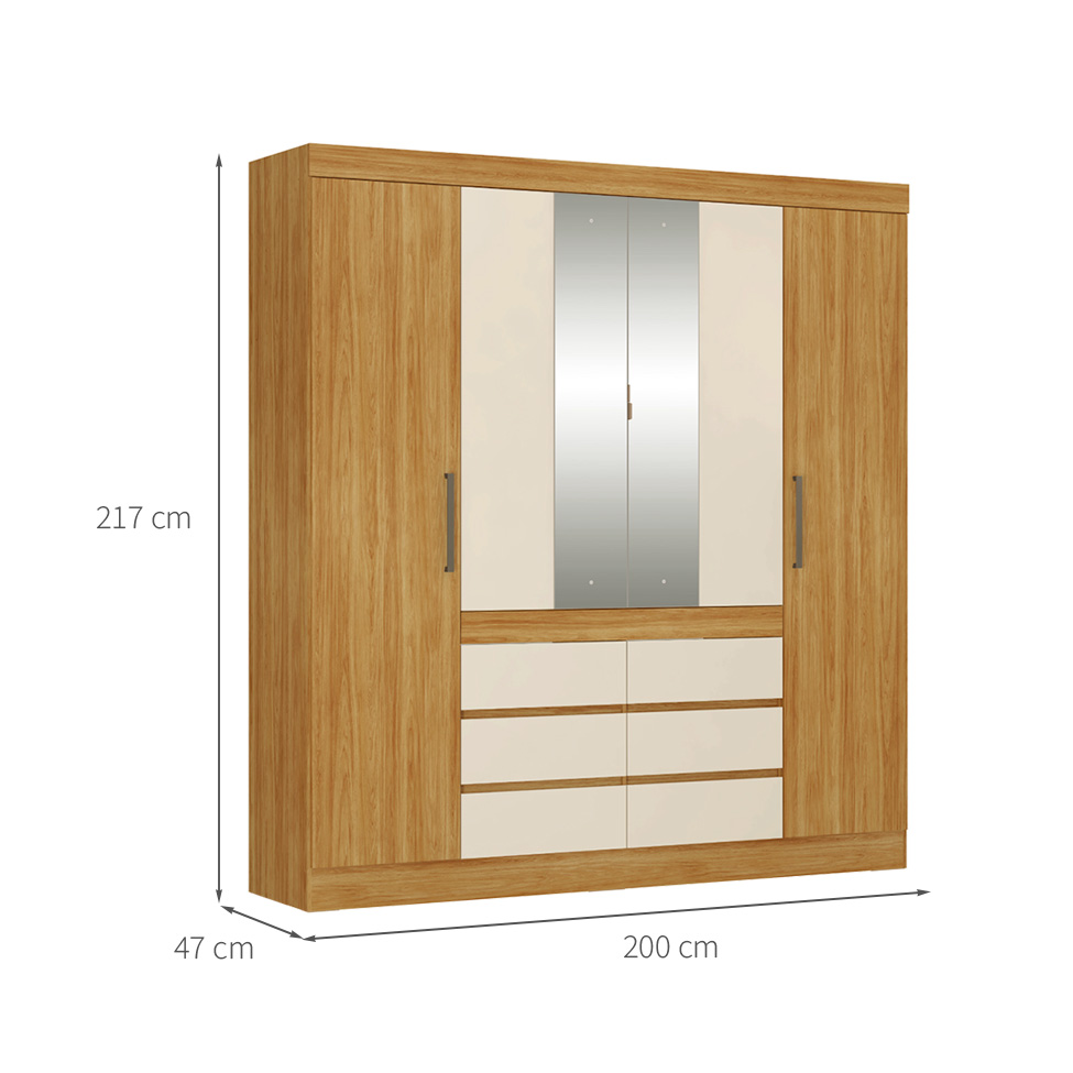 Guarda-Roupa Casal com Espelho Trevi 4 Portas 6 Gavetas Cinamon e Off White