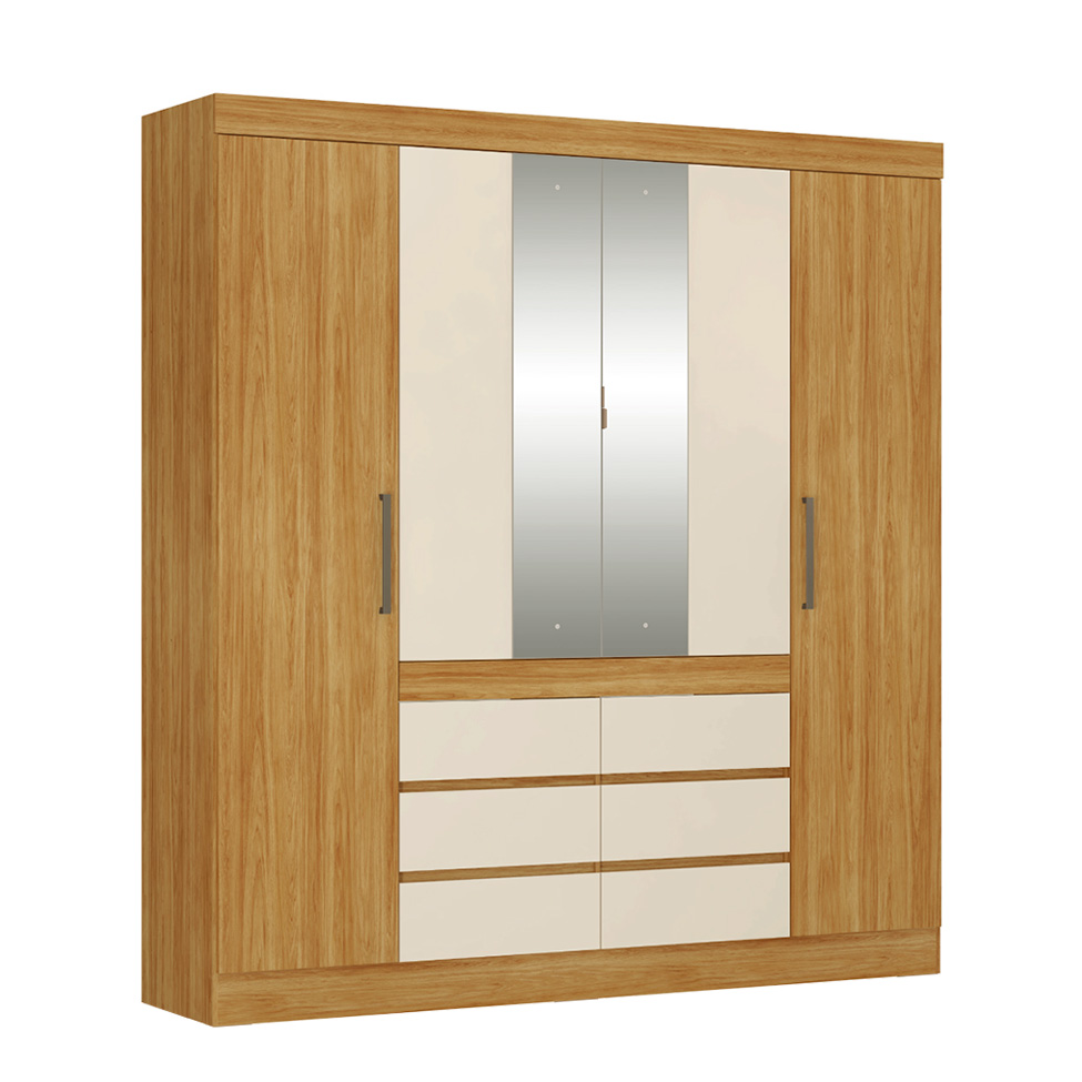 Guarda-Roupa Casal com Espelho Trevi 4 Portas 6 Gavetas Cinamon e Off White