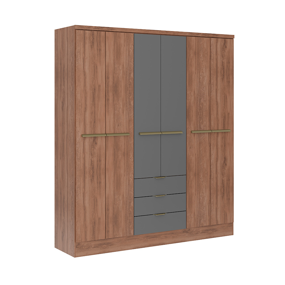 Guarda-Roupa Casal com Espelho Troy 6 Portas 3 Gavetas Freijó e Titânio