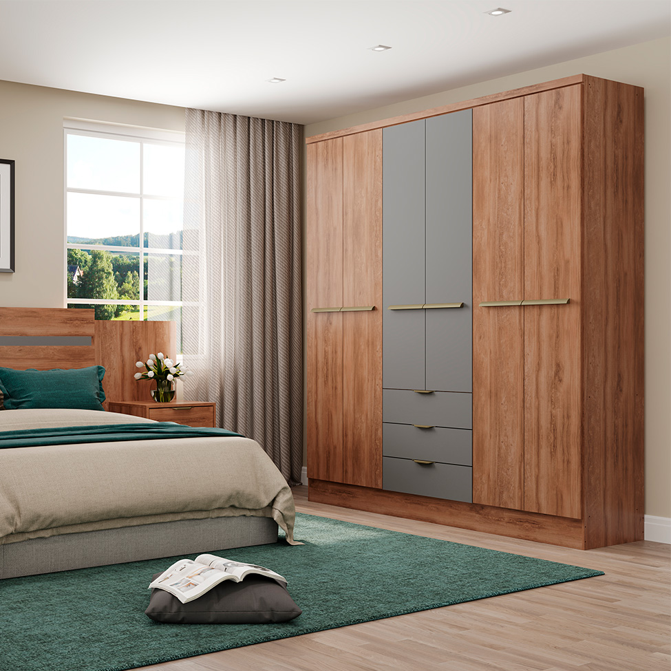 Guarda-Roupa Casal com Espelho Troy 6 Portas 3 Gavetas Freijó e Titânio