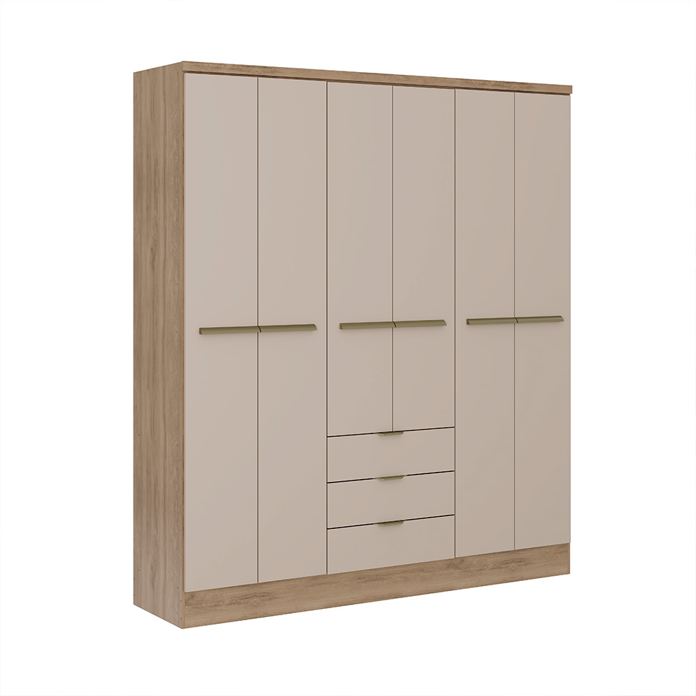 Guarda-Roupa Casal com Espelho Troy 6 Portas 3 Gavetas Noce e Off White