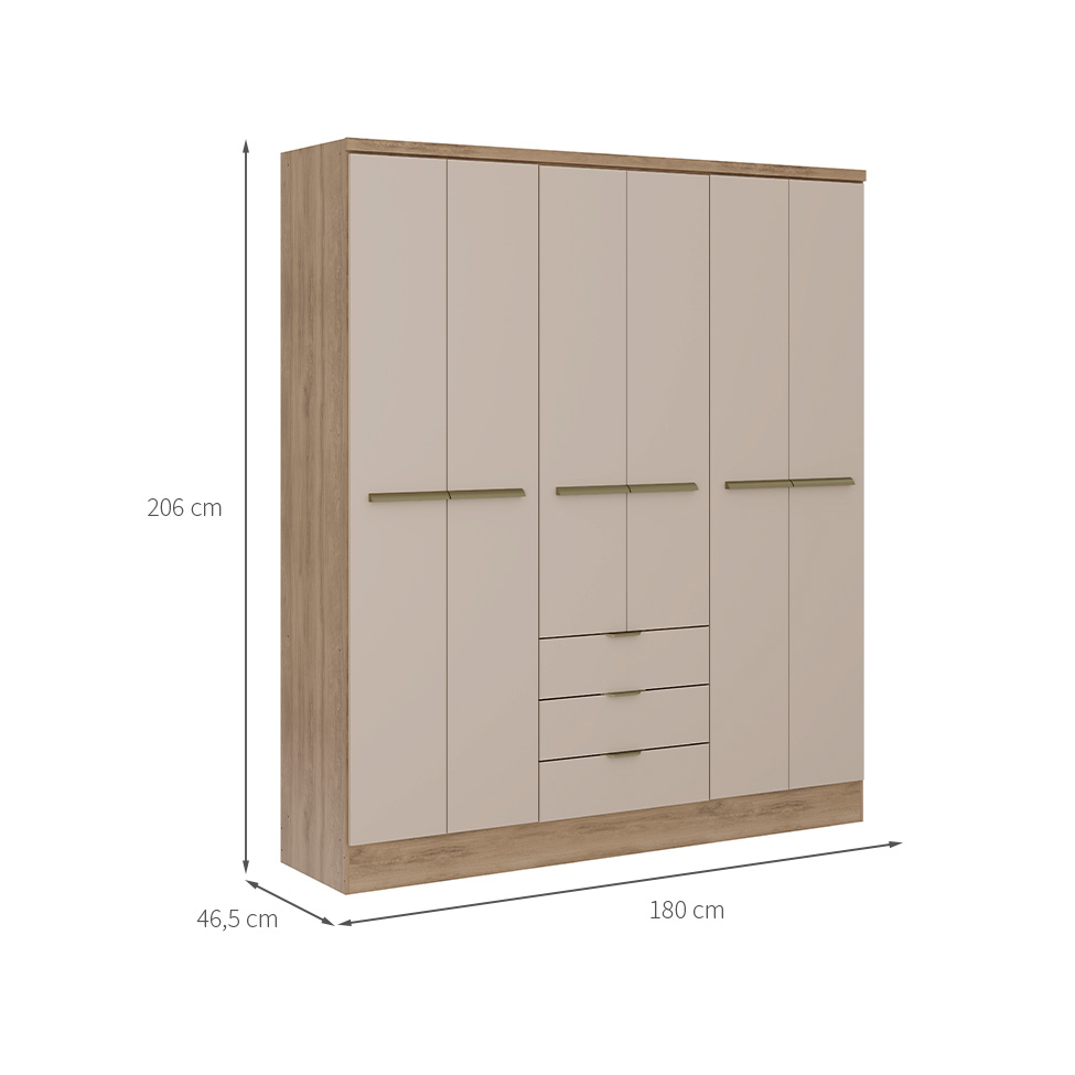 Guarda-Roupa Casal com Espelho Troy 6 Portas 3 Gavetas Noce e Off White