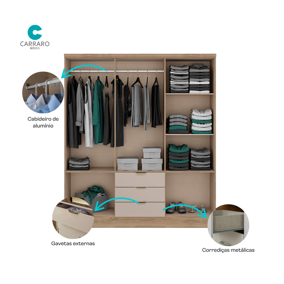 Guarda-Roupa Casal com Espelho Troy 6 Portas 3 Gavetas Noce e Off White