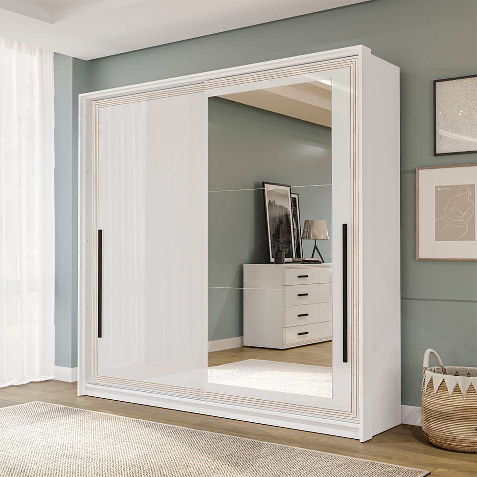 Guarda-Roupa Casal com Espelho Valência 2 Portas 2 Gavetas Branco