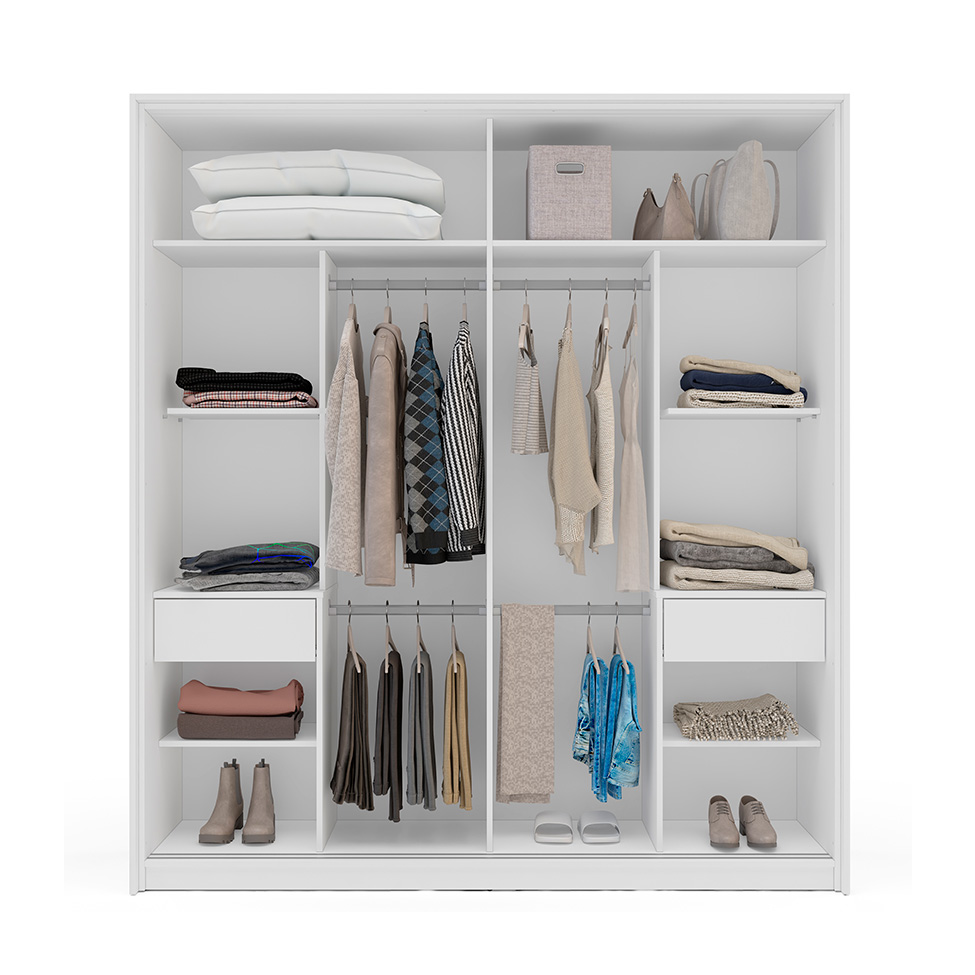 Guarda-Roupa Casal com Espelho Valência 2 Portas 2 Gavetas Branco e Cinza
