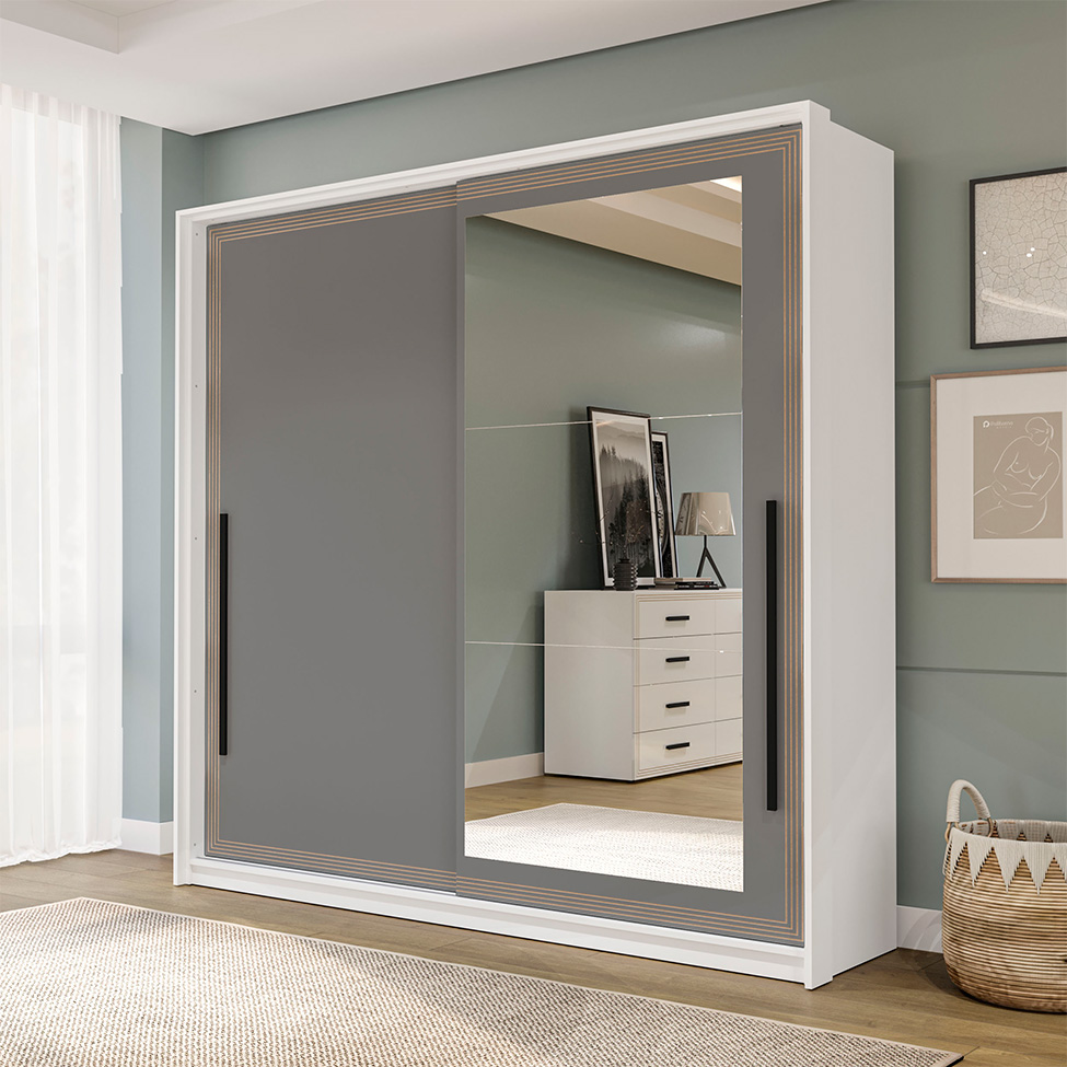 Guarda-Roupa Casal com Espelho Valência 2 Portas 2 Gavetas Branco e Cinza