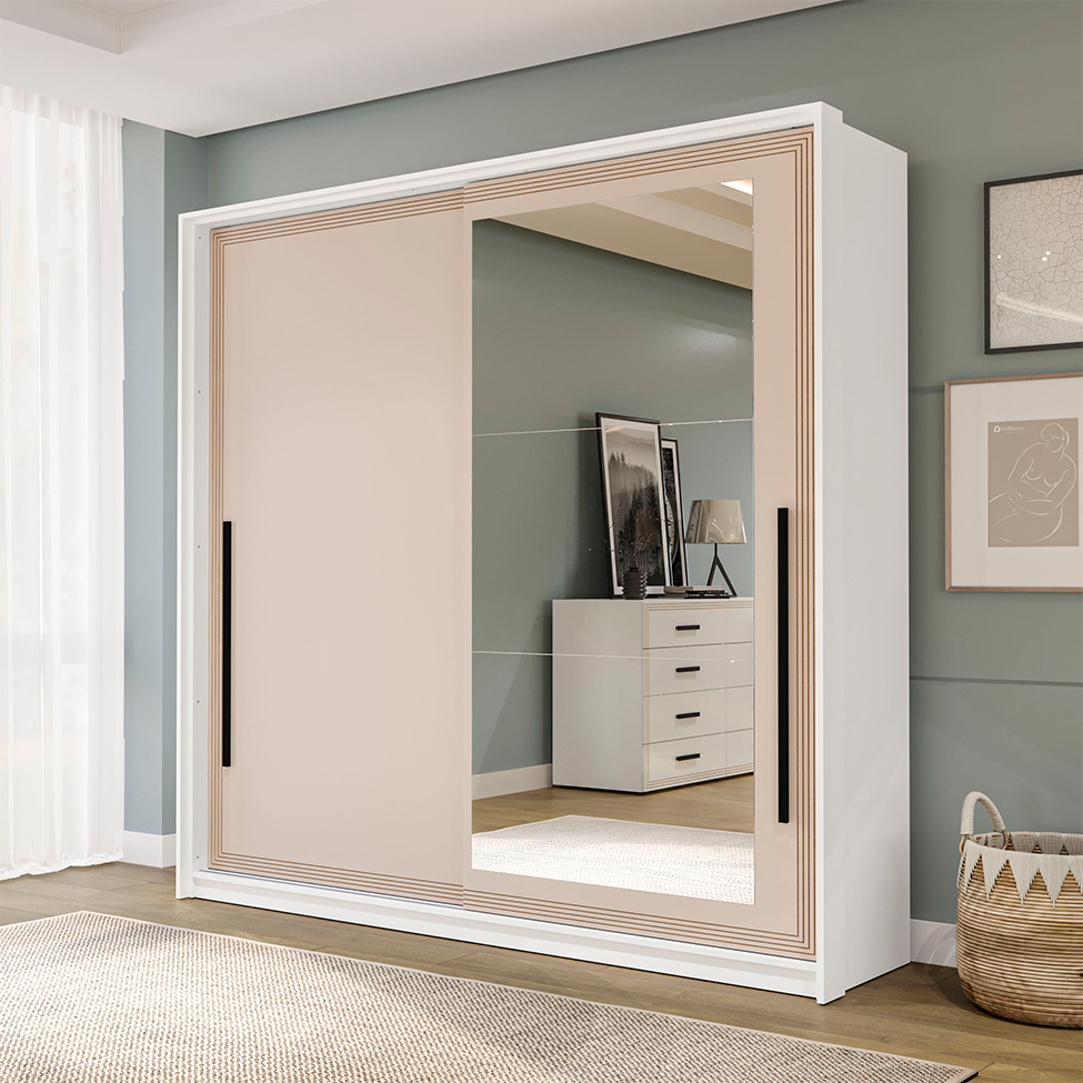 Guarda-Roupa Casal com Espelho Valência 2 Portas 2 Gavetas Branco e Creme
