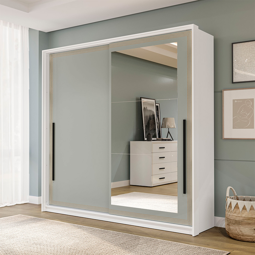 Guarda-Roupa Casal com Espelho Valência 2 Portas 2 Gavetas Branco e Verde
