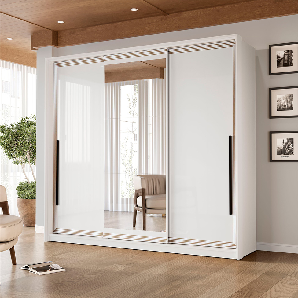 Guarda-Roupa Casal com Espelho Valência 3 Portas 4 Gavetas Branco