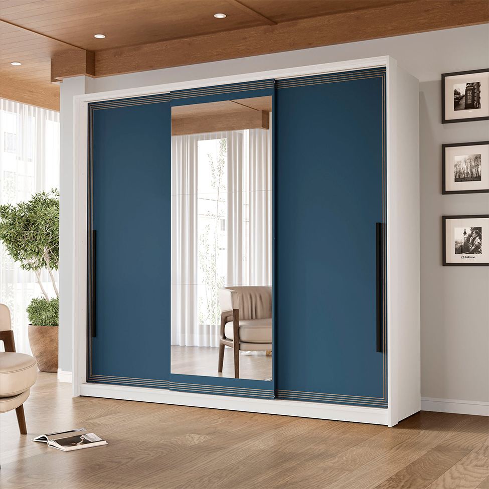 Guarda-Roupa Casal com Espelho Valência 3 Portas 4 Gavetas Branco e Azul