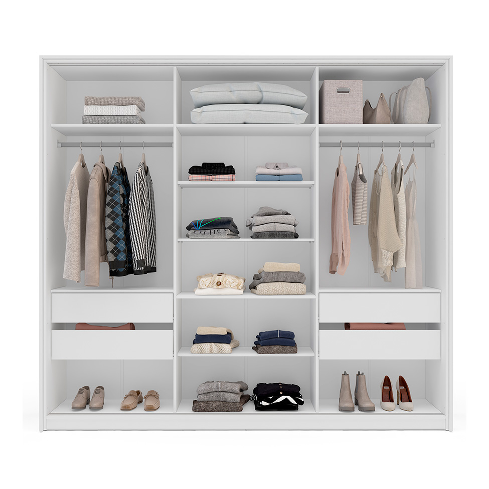 Guarda-Roupa Casal com Espelho Valência 3 Portas 4 Gavetas Branco e Cinza