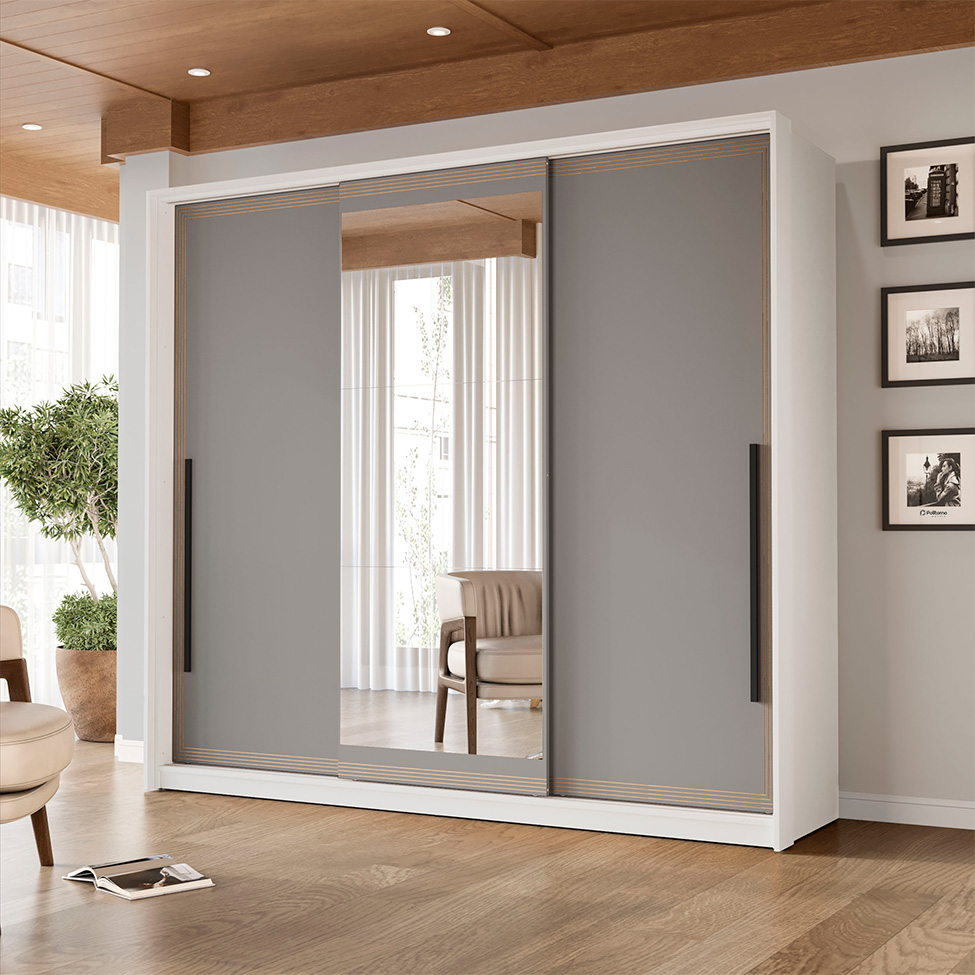 Guarda-Roupa Casal com Espelho Valência 3 Portas 4 Gavetas Branco e Cinza