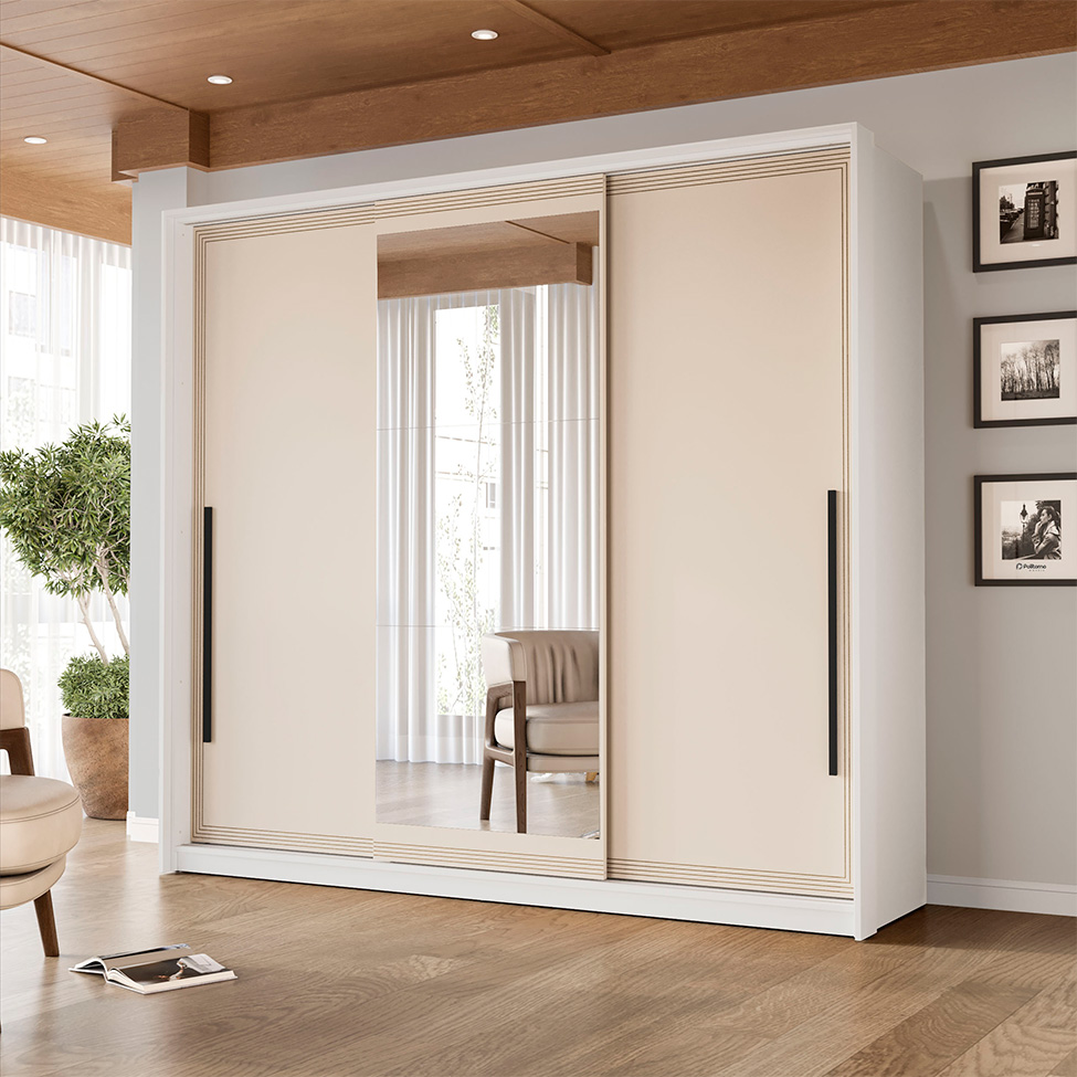 Guarda-Roupa Casal com Espelho Valência 3 Portas 4 Gavetas Branco e Creme