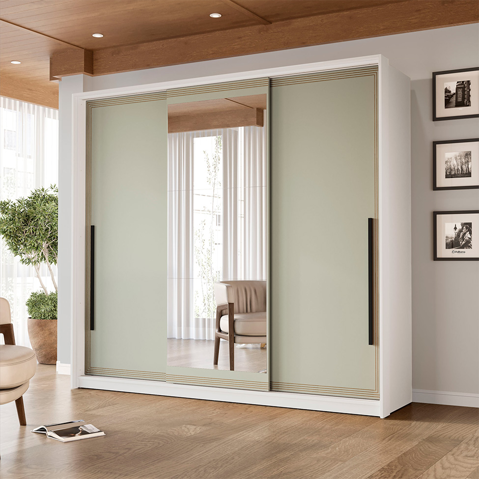 Guarda-Roupa Casal com Espelho Valência 3 Portas 4 Gavetas Branco e Verde