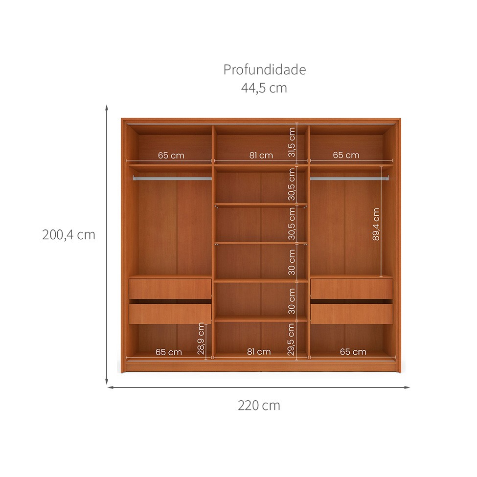 Guarda-Roupa Casal com Espelho Valência 3 Portas 4 Gavetas Freijó e Azul
