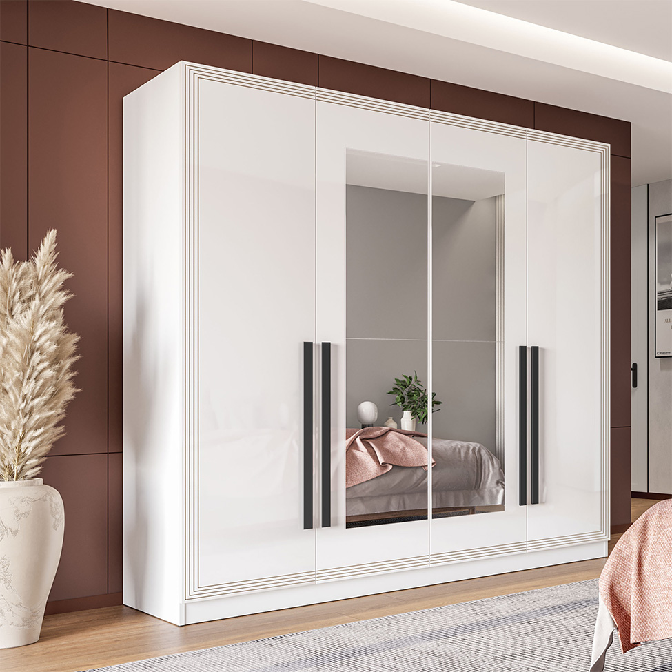 Guarda-Roupa Casal com Espelho Valência 4 Portas 4 Gavetas Branco