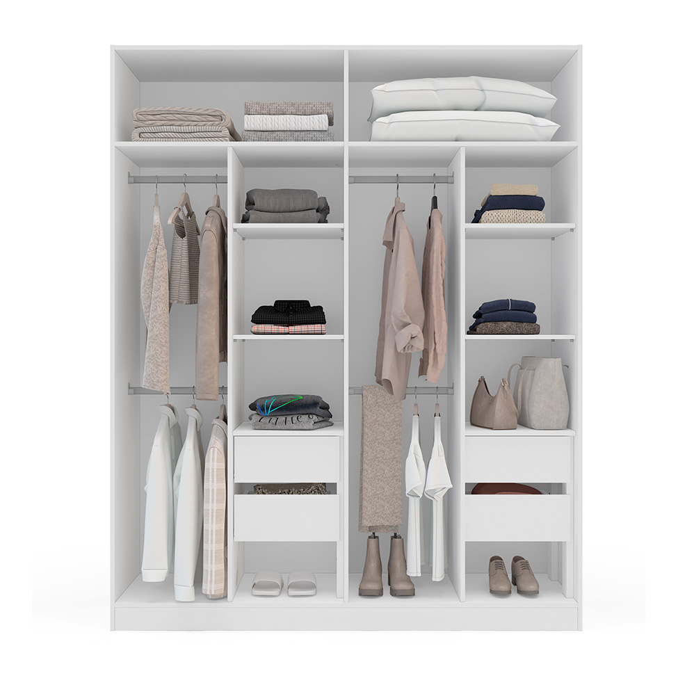 Guarda-Roupa Casal com Espelho Valência 4 Portas 4 Gavetas Branco