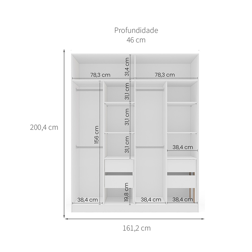 Guarda-Roupa Casal com Espelho Valência 4 Portas 4 Gavetas Branco