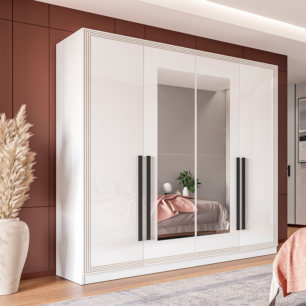 Guarda-Roupa Casal com Espelho Valência 4 Portas 4 Gavetas Branco